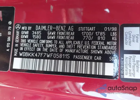 1998 Mercedes-Benz Slk 230 Kompressor z USA, uszkodzony, nr VIN WDBKK47F7WF058115